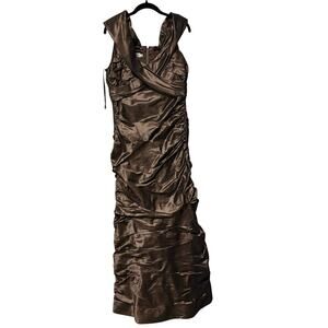 Rickie Freeman Teri Jon 100% Silk Bronze Metallic Ruched Maxi Gown Dress Size 16